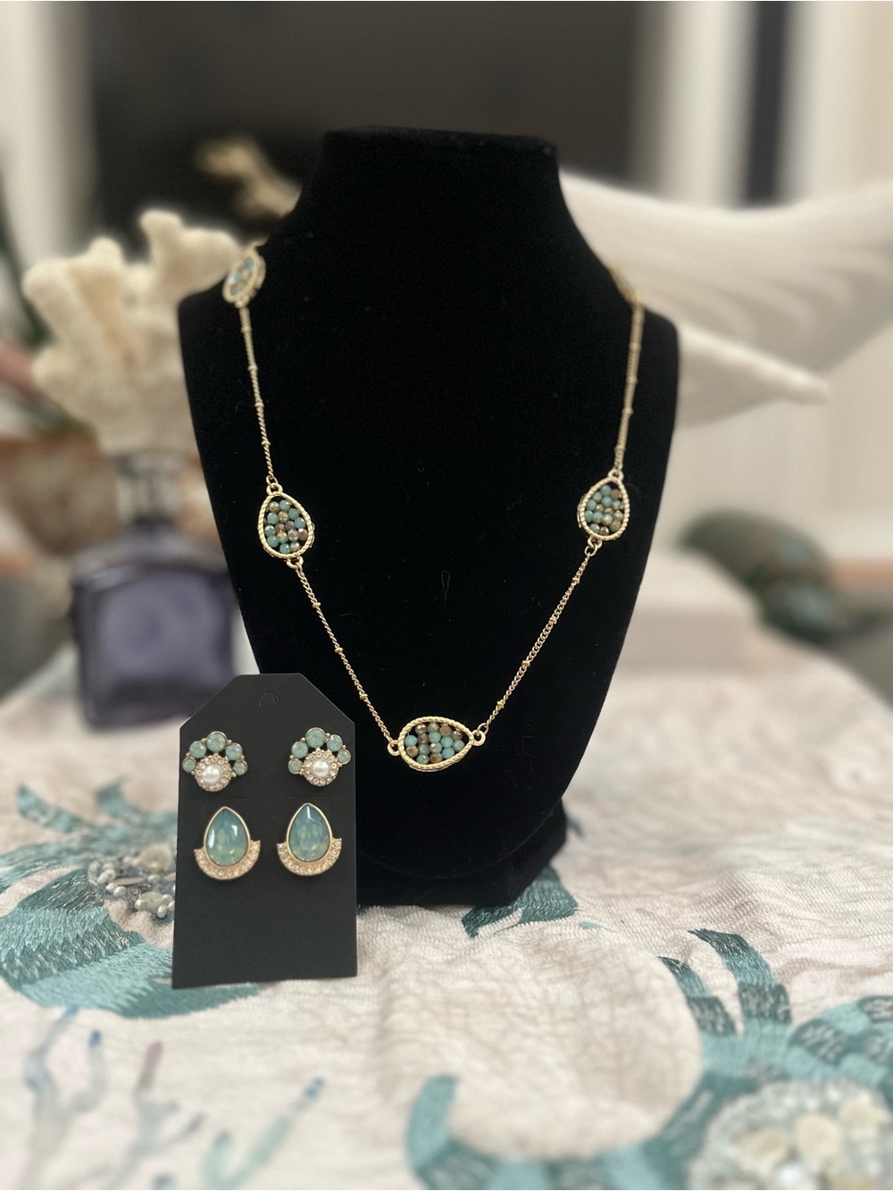 Brand New! Gold-Tone Teal Beaded Necklace and Bonus Matching Earrings